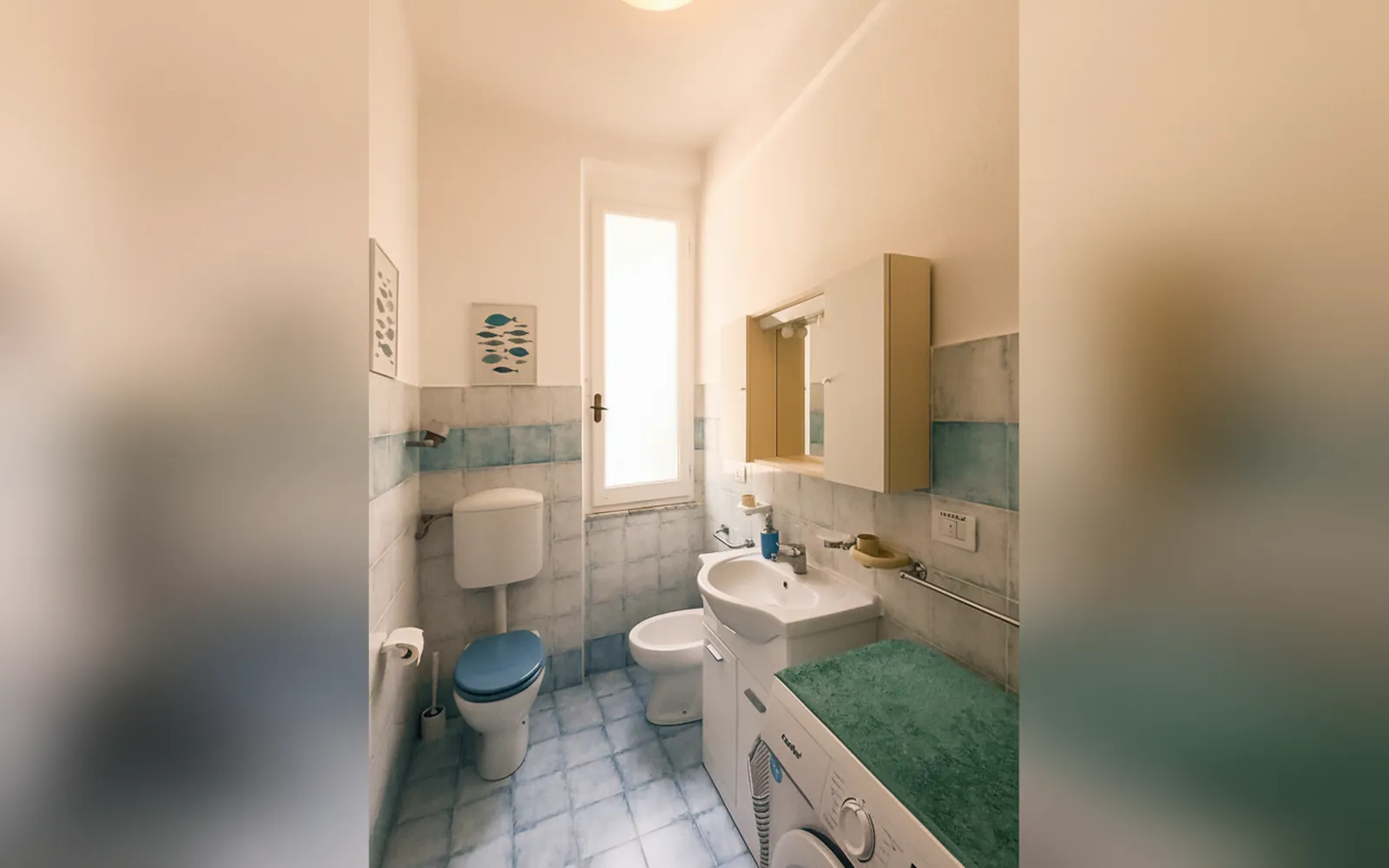 Il bagno luminoso con lavabo, sanitari e lavatrice